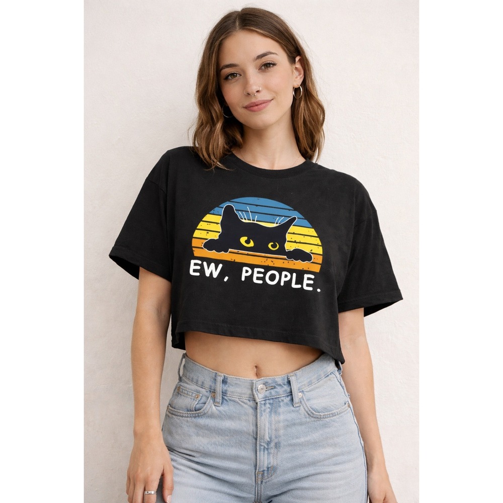 Ew People Cat Retro Sunset Black Crop Top XL Short Sleeve Boxy Graphic Tee - Picture 2 of 11